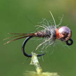 Nymphe Pheasant Tail naturel avec bille cuivre et tag orange fluo