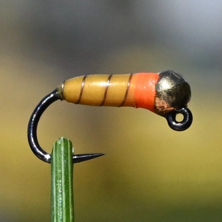 Mini Jig Baby Bamboule jaune avec bille or et tag orange fluo