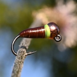 Jig Bamboule marron avec bille cuivre et tag jaune fluo